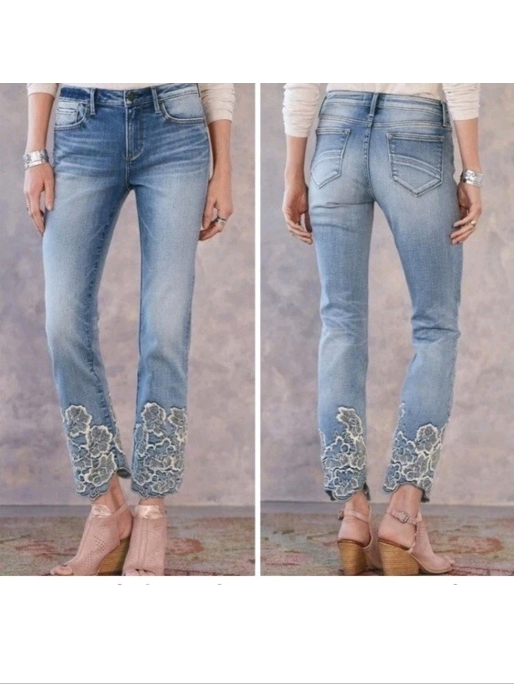 Driftwood Collette Straight Crop Jeans w/Ivory Floral  Embroidery at Hem Size 27